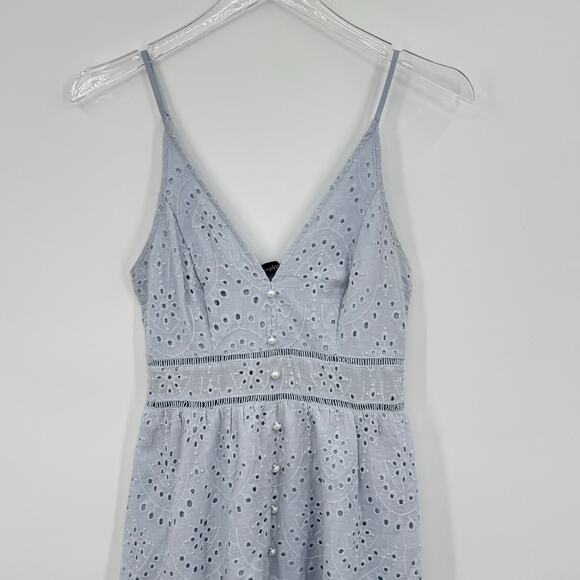 Simplee blue eyelet lace dress cami button front tiered ruffle scalloped hem S - Picture 2 of 7
